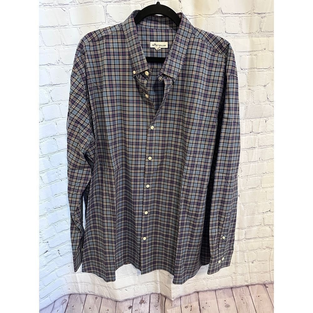 Peter Millar Classic Plaid Button-Down Shirt Cotton Blend Casual Long Sleeve